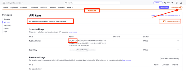 Test API keys in Stripe Dashboard